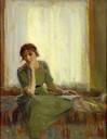 An oil on board painting of a woman in a window seat by Ada Walter Shulz