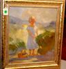 An oil on board painting by Ada Walter Shulz depicting a young girl picking berries