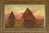 An oil on canvas painting of a sailboat at dusk by August Norieri
