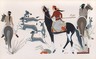 A gouache painting by Narcisco Platero Abeyta, Navajo on Horseback Chasing Deer