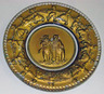 Unattributed Goofus glass (type) plate having two bears in hunting gear