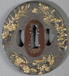 Japanese tsuba hand guard, shakudo with inlays of autumn flowers and insects on nanako ground, 18th century