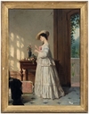 Jean Carolus oil painting, elegant woman arranging flowers in a vase