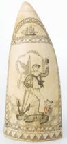 Scrimshaw whales tooth, William A. Gilpin on the Whaling Ship Ceres, Wilmington, Delaware, circa 1835, image of Jack Tar with American eagle grasping Free Trade and Sailors Rights banner