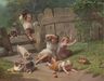 Benjamin Franklin Reinhart oil painting, The Chase, children running over fence with dog & apples