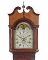 Upper section of circa 1805, Federal inlaid mahogany tall case clock, works by Isaac Brokaw, Bridgetown, New Jersey, swan neck and painted moon dial