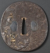 Japanese sword tsuba, iron with armored figures inlaid in shakudo, gold, silver, and copper