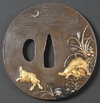 Japanese tsuba, shakudo with gold and mixed metal inlay of wild boar on the plains of Musashi