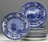 A lot of fourteen Staffordshire Historical blue painted plates, assorted Historic scenes, floral borders, most by Rowland & Marcellus