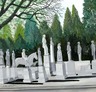 Helen LaFrance (Kentucky, born 1919, 38th member of Gallery of Great Black Kentuckians), monuments of people, dogs and a deer in a wooded setting