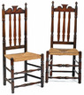 A pair of William and Mary banister-back side chairs having a fishtail crest over three banisters, rush seat and double-box stretchers