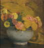 Laura Coombs Hills (American, 1859 to 1952, pastel on paper, Marigolds and Zinnias in a Sprigged Bowl