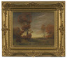 An oil on canvas painting by Franklin Benjamin DeHaven (American, 1856 to 1934), Autumn Landscape