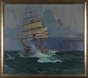 An oil on panel painting by Allen Gilbert Cram (American, 1886 to 1947), Clipper Ship Sailing Out Of A Storm