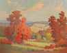 Anthony Buchta oil on board, landscape with hills and farms, framed by trees in fall foliage