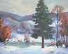 Harry R. Townsend oil on canvas, Richmond in Winter, an Indiana scene depicting a distant town through trees