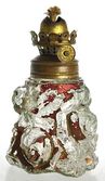A Goofus glass miniature rose pattern oil lamp in gold and red paint