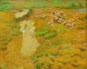 Philip Leslie Hale oil painting, A Walk Through the Fields, a a woman with long gown and parasol strolling through grassy meadow