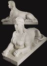 A large pair of carved white marble male and female sphinxes by Pasquale Romanelli, Italian, second half 19th century. The male figure signed P. Romanelli to the back lefthand side of base