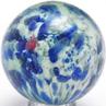 A single pontil End of Day marble in blue on white with red spots