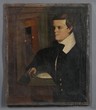 Asahel Powers oil on canvas painting. Portrait of a boy studying geometry