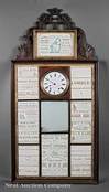 A New Orleans carved walnut advertising wall clock promoting the Steamboat Wandering Wagoneer by Stanislaus Fournier with mirror and New Orleans' businesses lithographed broadsides
