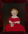 A Prior-Hamblen school oil on mattress ticking portrait painting of a young girl in red dress