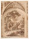 Venetian or Central Italian School drawing, 19th century, Angels Feeding Christ, after the Temptation by the Devil, pen and blue-grey wash on cream-colored laid paper, inscribed