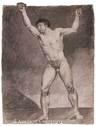 Misbach (French School, late 18th to early 19th century) drawing, A Muscular Male Nude Positioned Frontally, His Raised Arms Grasping Posing Straps, 1792, black chalk and stumping