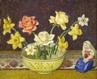 Oil on board painting by Emma Fordyce, Still Life of Daffodils and Roses, inscribed