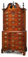 A bonnet-top Chippendale chest-on-chest in mahogany, the lower case with block-front drawers, attributed to Benjamin Frothingham, Charlestown, Massachusetts, circa 1770