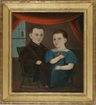 A 19th century American School oil on canvas painting, Double Portrait of Boy with Whip and Girl with Rose