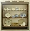 A Mid-Atlantic hanging shelf in gray paint, with scalloped top, open design with four tiers, 19th century