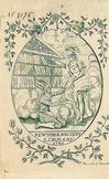 A dated 1789 allegorical bookplate for the New York Society Library depicting Minerva handing an Indian a book from the library shelves, in an oval with oak branches and leaves, engraved by Peter Rushton Maverick