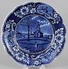 An Historical blue transferware Staffordshire plate, 19th century, depicting Winter View of Pittsfield, Massachusetts, floral border