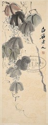 Ink and light color on paper hanging scroll painting attributed to Qi Baishi (Chinese, 1864 to 1957), depicting grapes on leafy vine
