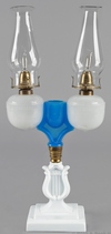 A Ripley & Co. clambroth and blue wedding stand lamp, patented 1870, blue match holder and milk glass base