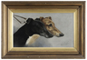 Lilian Cheviot oil on canvas painting, Double portrait of Dilwyn and Leucryx, in the slips for The Waterloo Cup 1914