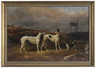 British School oil on canvas painting, 19th century, Two Greyhounds in a Landscape, with another dog holding his master's cane, unsigned