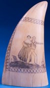 A scrimshaw engraved whale tooth engraved with the Sailor's Return within a Ceres border attributed to William A. Gilpin