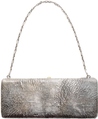 Russian silver Samorodok purse or handbag, early 20th century, rectangular with tree bark or fabric style finish, chain handle, off white stone latch, blue fabric interior, marked