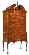 A circa 1755 Boston walnut bonnet-top Queen Anne highboy with two carved and inlaid fan drawers and pendant drops, on cabriole legs