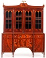 A circa 1800 Massachusetts Federal or Sheraton mahogany inlaid secretary with step-back bookcase
