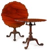 A near pair of Philadelphia Chippendale mahogany piecrust tea tables having circular dished tops supported by a reeded pedestal with ball on a tripod base of cabriole legs terminating in ball and claw feet