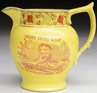 An Historical yellowwware pitcher having two red transferware political and historical yellow ground with polychromatic highlights. The first transferware is of Henry Hunt, Esq. surrounded by an American Navy ship