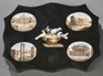 Grand Tour micromosaic-inlaid paperweight, Italy, early 19th century, depicting Pliny's Doves surrounded by four oval views of Rome, cartouche marble base