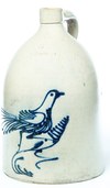 White's Pottery stoneware jug with cobalt bird decoration, from Utica, New York