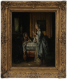 Jean Carolus oil on canvas painting, Les deux amies, two friends at tea with one reading a letter, signed