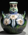 A Gouda high glaze two-handled vase, art pottery Holland, circa 1906, PZH polychrome decoration of flowers and foliage