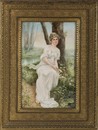 A late 19th century painted porcelain plaque by Hutschenreuther depicting a young woman seated in a landscape near a stream